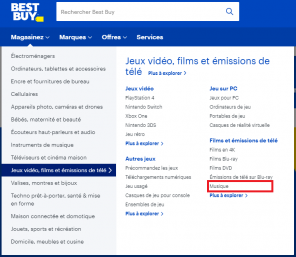 Le menu « Magasinez » de la page d’accueil de bestbuy.ca ouvert avec la catégorie « Jeux vidéo, films et émissions de télé » sélectionnée et « Musique » sur la droite en surbrillance à l’intérieur d’un cadre rouge.
