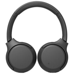 Les écouteurs WH-XB700 de Sony en noir posés à plat sur un fond blanc.