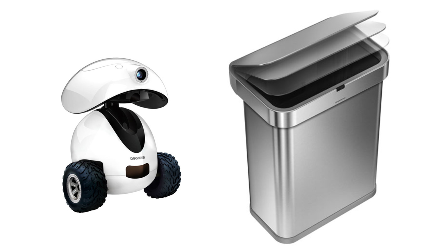 Une photo du robot intelligent iPet de Dogness à gauche et de la poubelle à capteur de Simplehuman à droite, sur fond blanc.