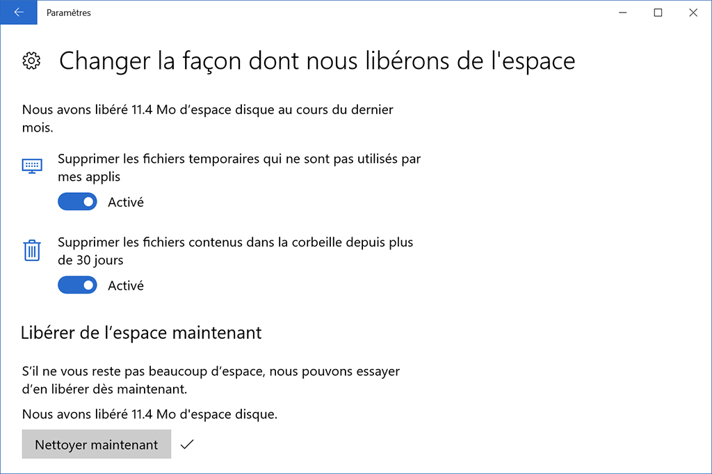 Windows 10 mise à jour des créateurs Détection de stockage