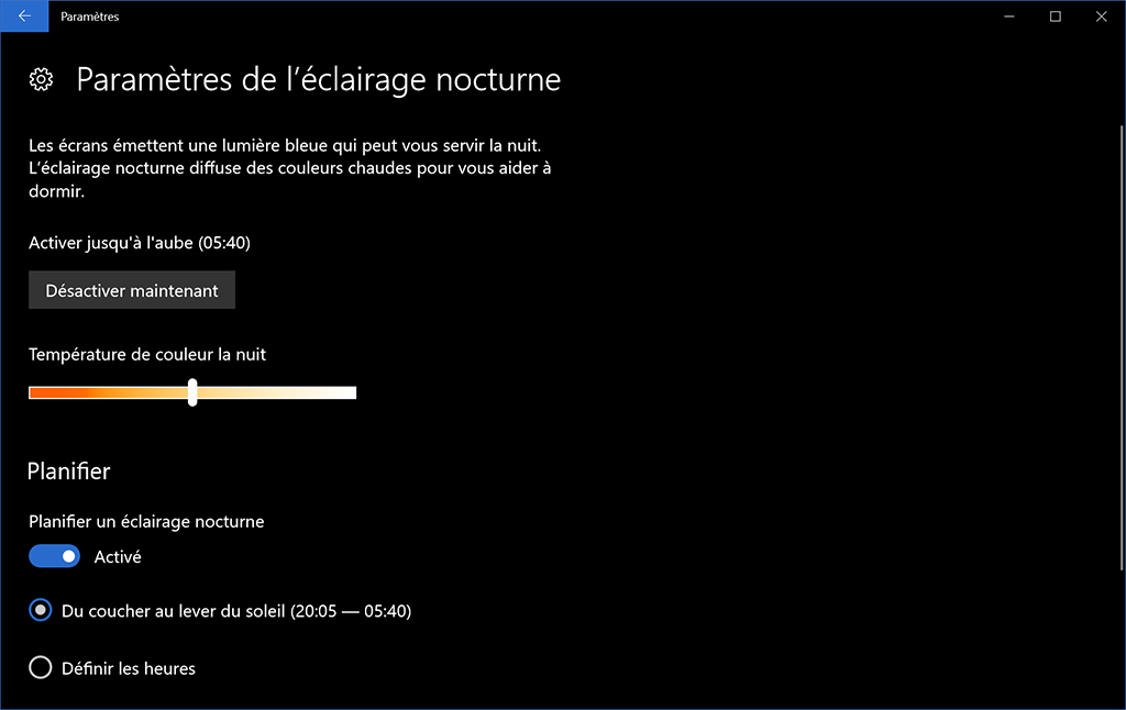 Windows 10 mise à jour des créateurs lumière bleue