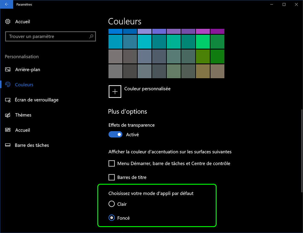 Windows 10 mise à jour des créateurs Mode clair ou foncé