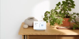 Google Home Nest sur une table avec plante