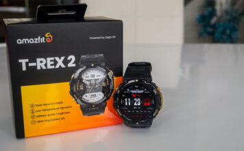 Image of TRex2 watches from Amazfit on table with box