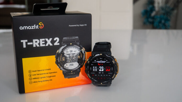 Image of TRex2 watches from Amazfit on table with box