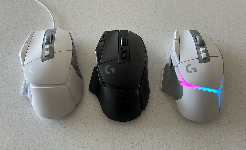 Les trois souris testées. De gauche à droite: la G502 X, la G502 X Lightning et la G502 X Plus.