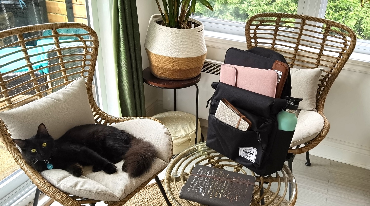 Herschel sac à dos sur une chaise avec un chat