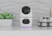 Image of Lorex 2K Dual Lens Indoor Pan-Tilt Wi-Fi Security Camera in kitchen