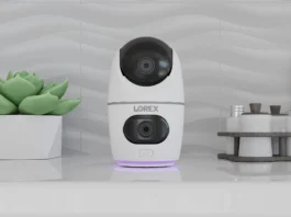 Image of Lorex 2K Dual Lens Indoor Pan-Tilt Wi-Fi Security Camera in kitchen