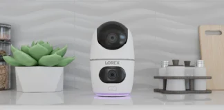 Image of Lorex 2K Dual Lens Indoor Pan-Tilt Wi-Fi Security Camera in kitchen