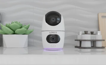 Image of Lorex 2K Dual Lens Indoor Pan-Tilt Wi-Fi Security Camera in kitchen