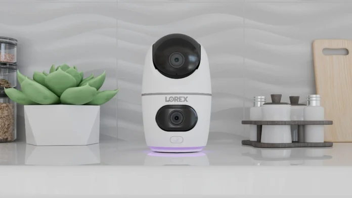 Image of Lorex 2K Dual Lens Indoor Pan-Tilt Wi-Fi Security Camera in kitchen