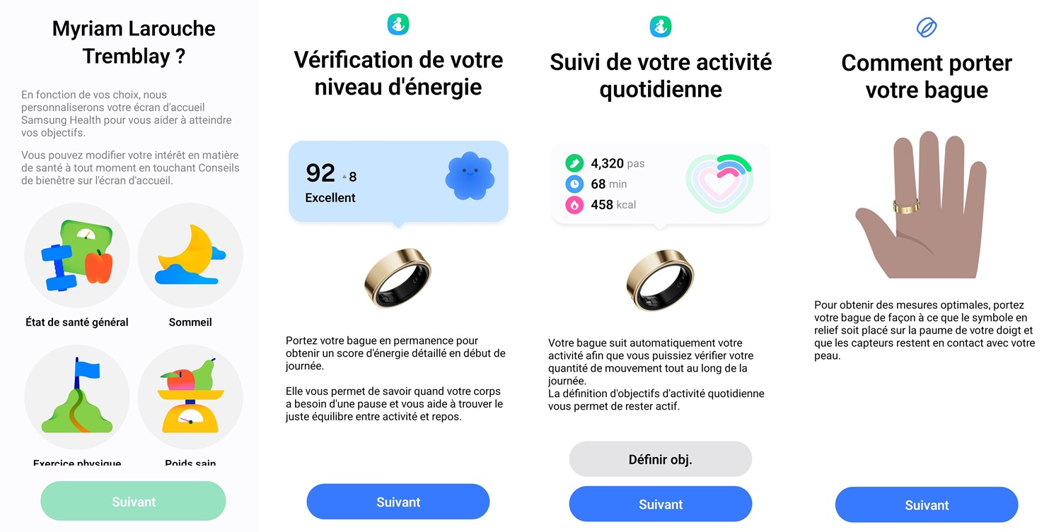 Capture d'écrans de la configuration Galaxy Ring