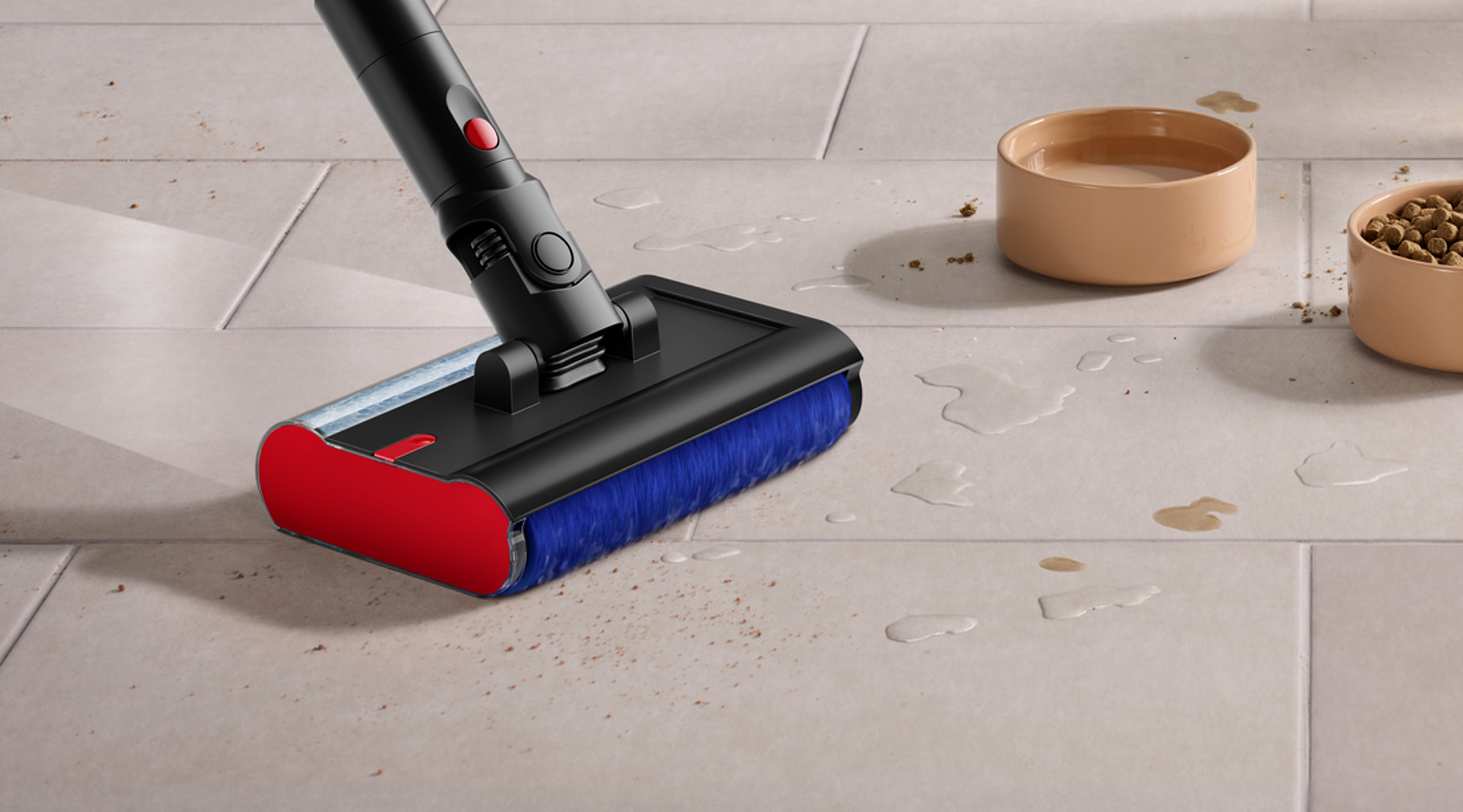 Image de l'aspirateur-balai sans fil Piston Animal DS60 avec le système Submarine sur le plancher avec de l'eau et des morceaux de nourriture
