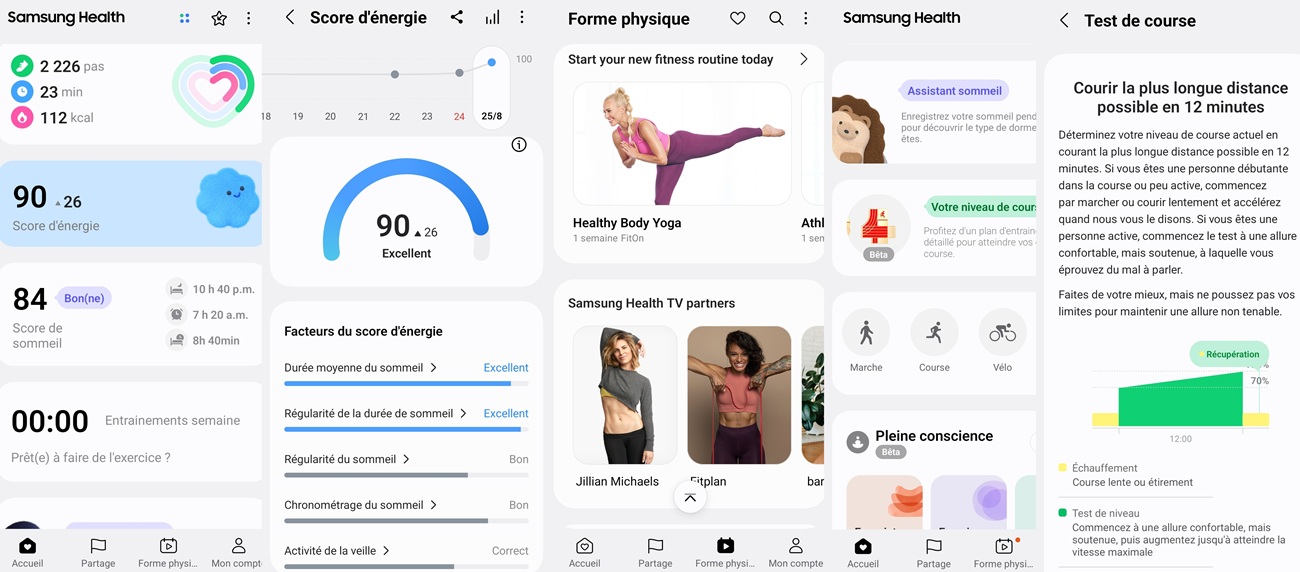 Captures d’écrans de l'application mobile de la montre Samsung Galaxy Watch 8