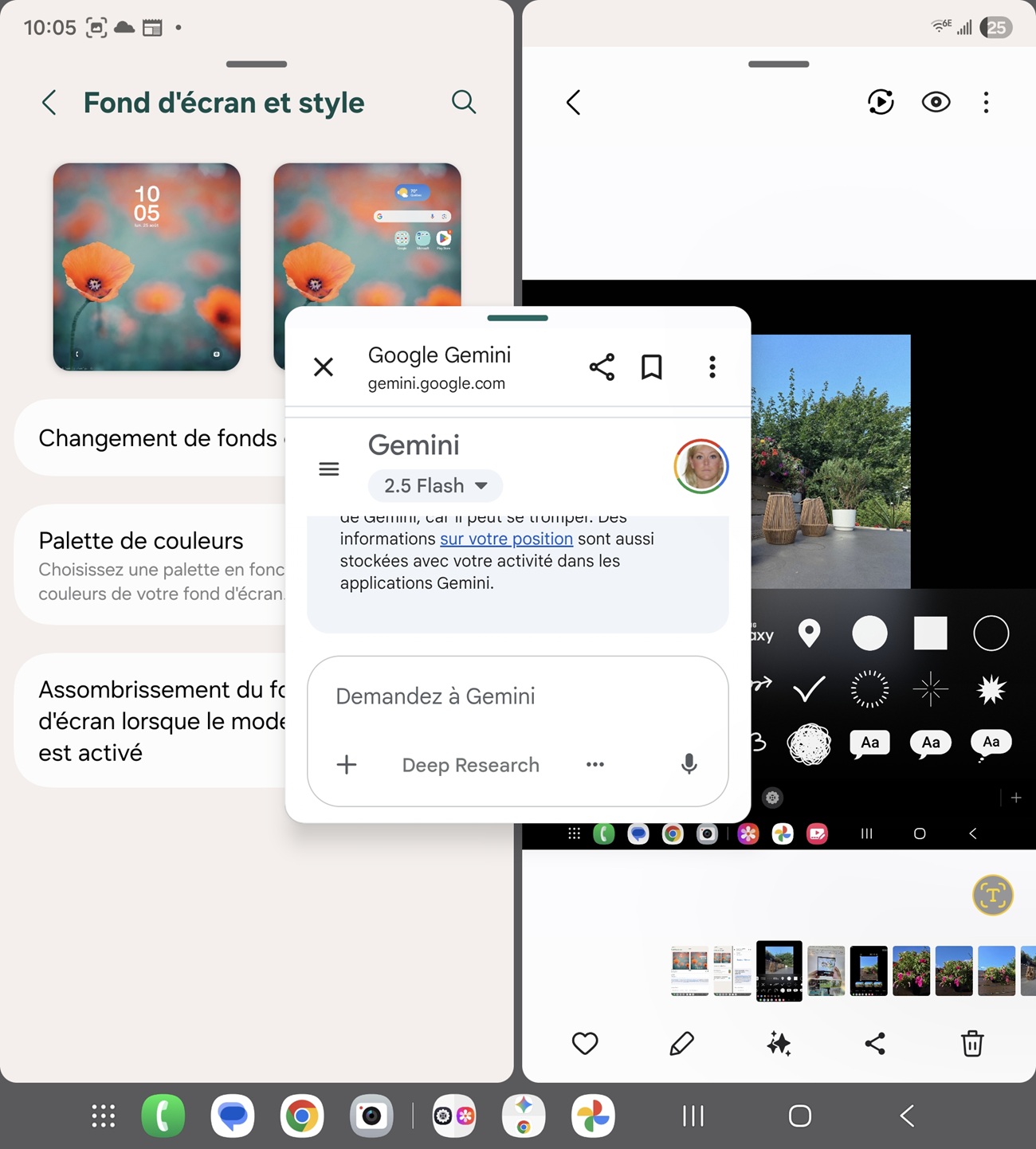 Écran du Galaxy Z Fold7 de Samsung séparé en 3 fenêtres