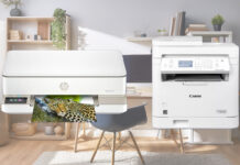 inkjet vs laser printer superimposed over home office image.