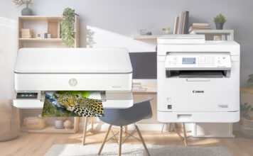 inkjet vs laser printer superimposed over home office image.