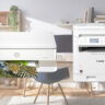 inkjet vs laser printer superimposed over home office image.