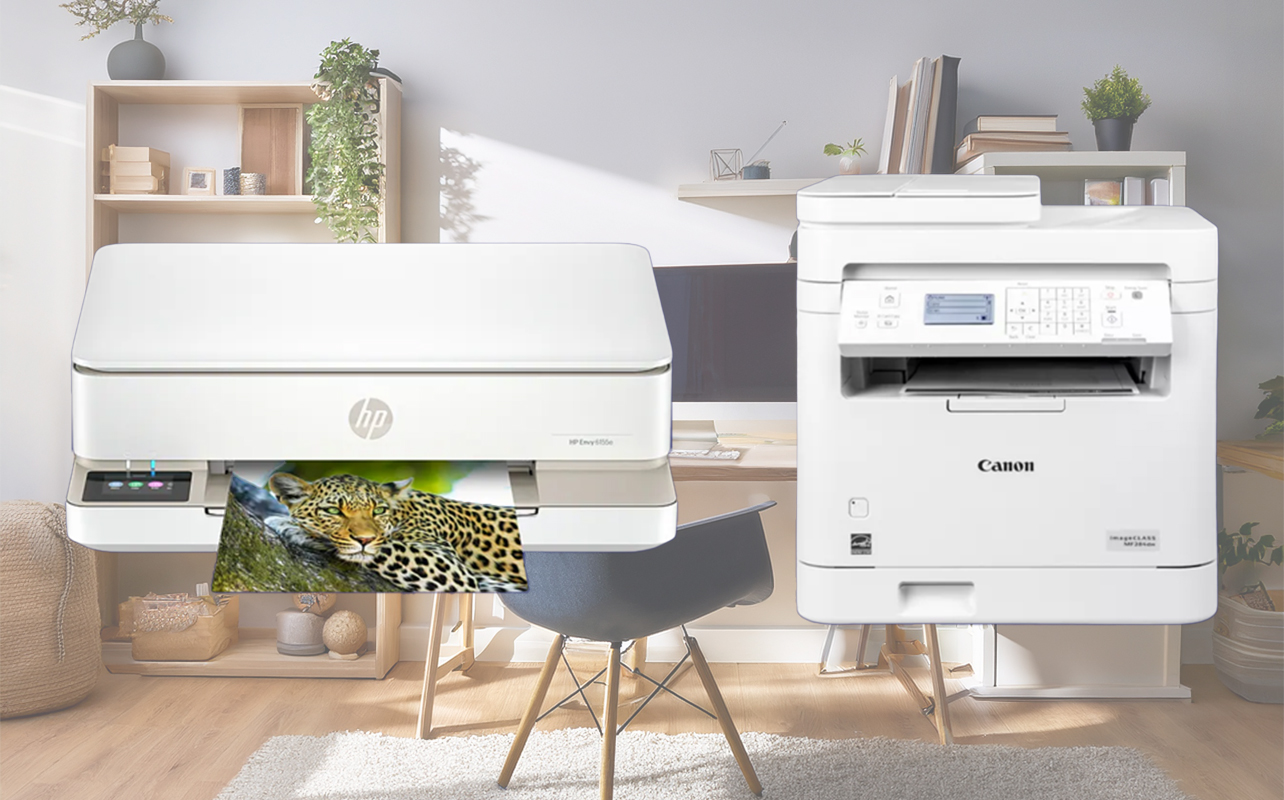 inkjet vs laser printer superimposed over home office image.