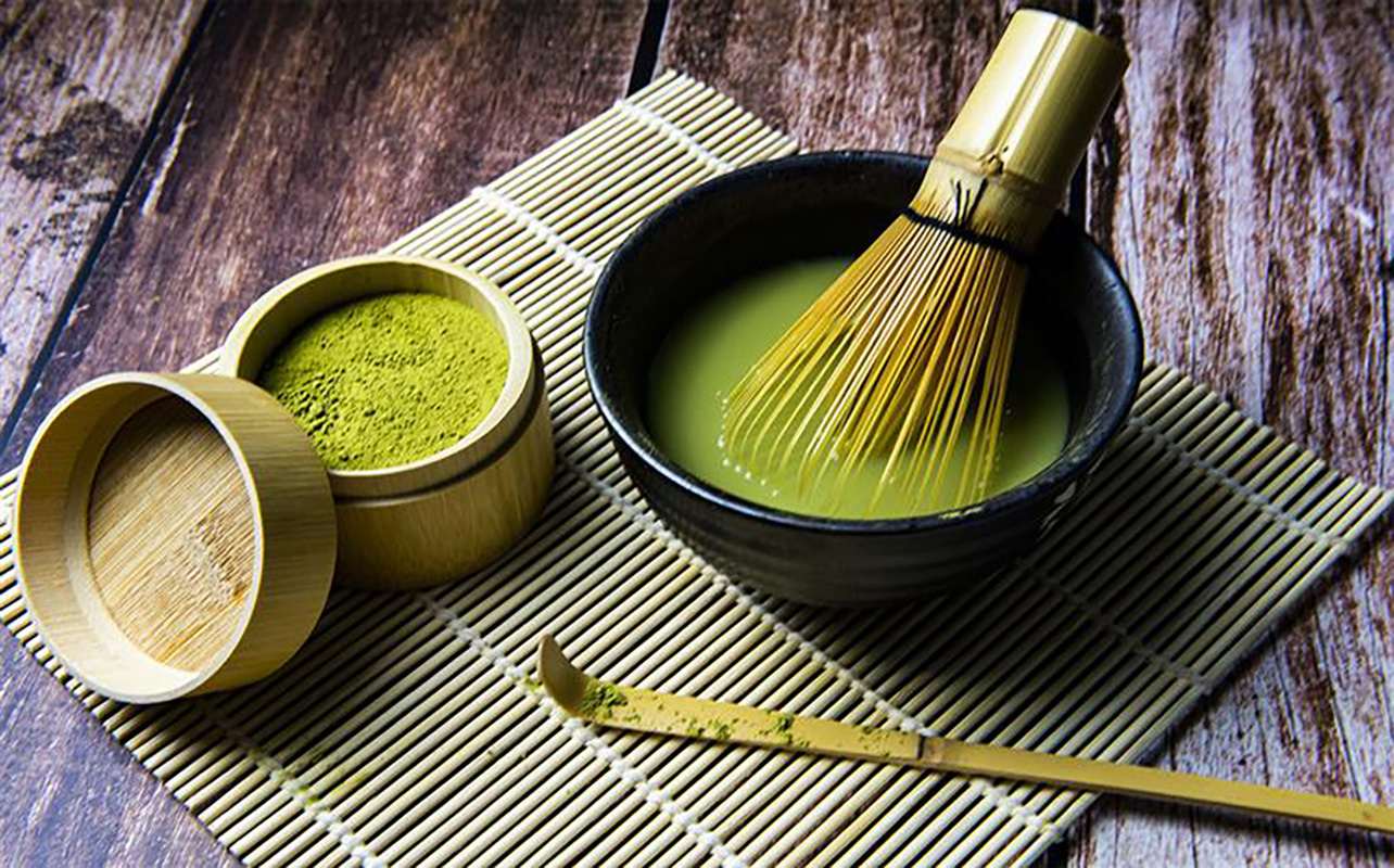 matcha powder, matcha whisk (chasen) and bowl (chawan)