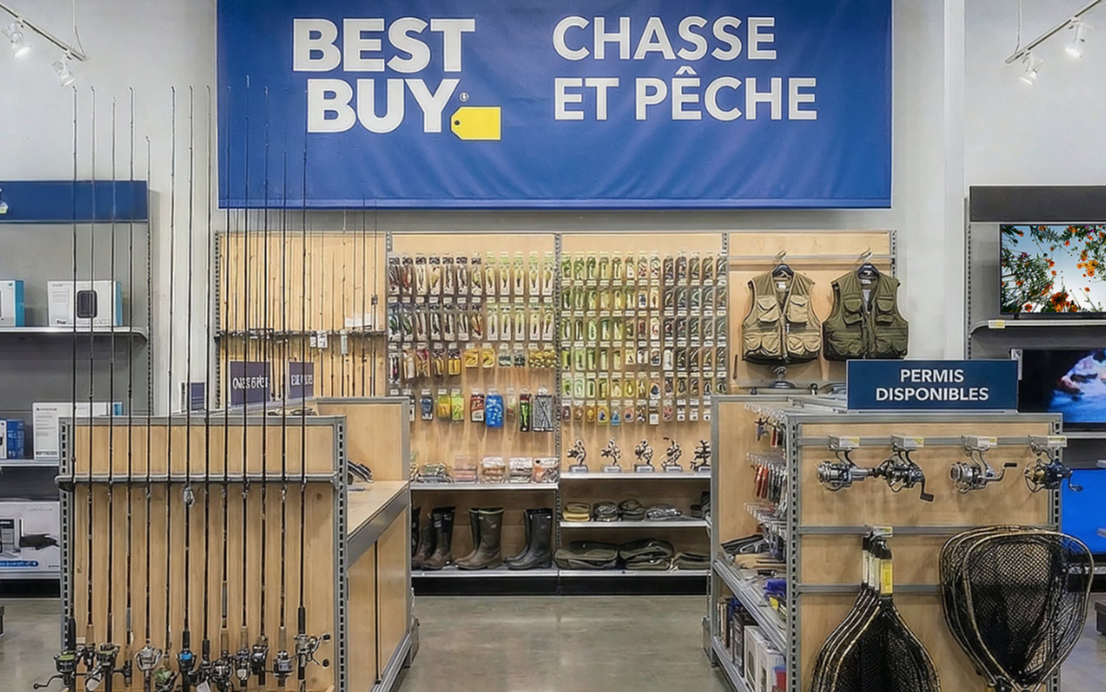 équipements de plein air chez Best Buy : nouveau rayon chasse et pêche en magasin poisson d'avril
