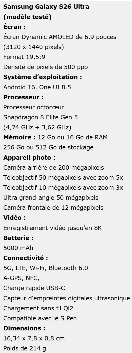 Galaxy S26 Ultra spécifications