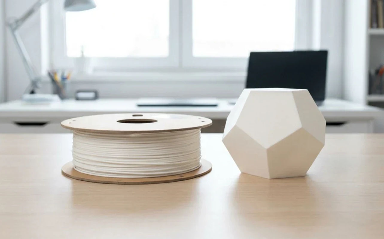 Image d'une bobine de filament blanc Flashforge pour une imprimante 3D sur une table de travail