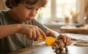 Image d'un enfant ayant utilisé une imprimante 3D pour faire un dinosaure.