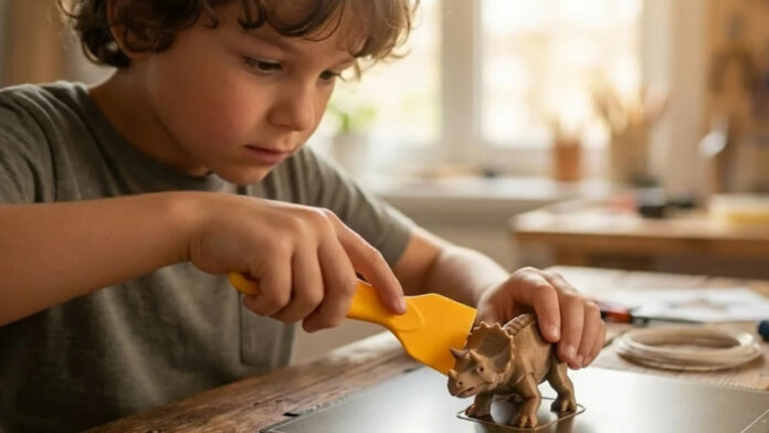 Image d'un enfant ayant utilisé une imprimante 3D pour faire un dinosaure.