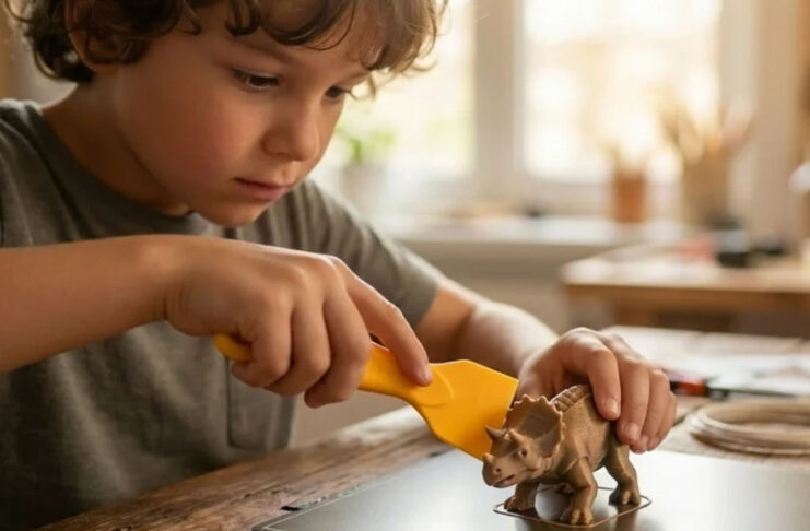 Image d'un enfant ayant utilisé une imprimante 3D pour faire un dinosaure.
