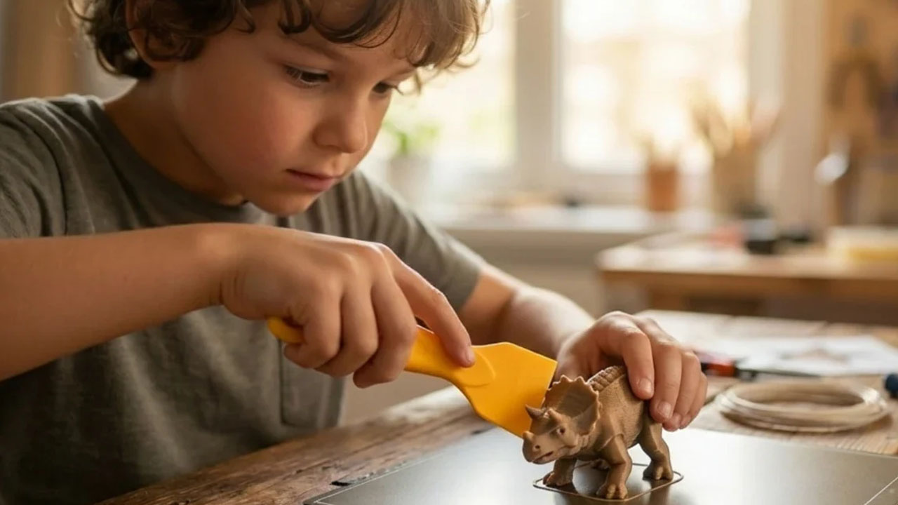 Image d'un enfant ayant utilisé une imprimante 3D pour faire un dinosaure.