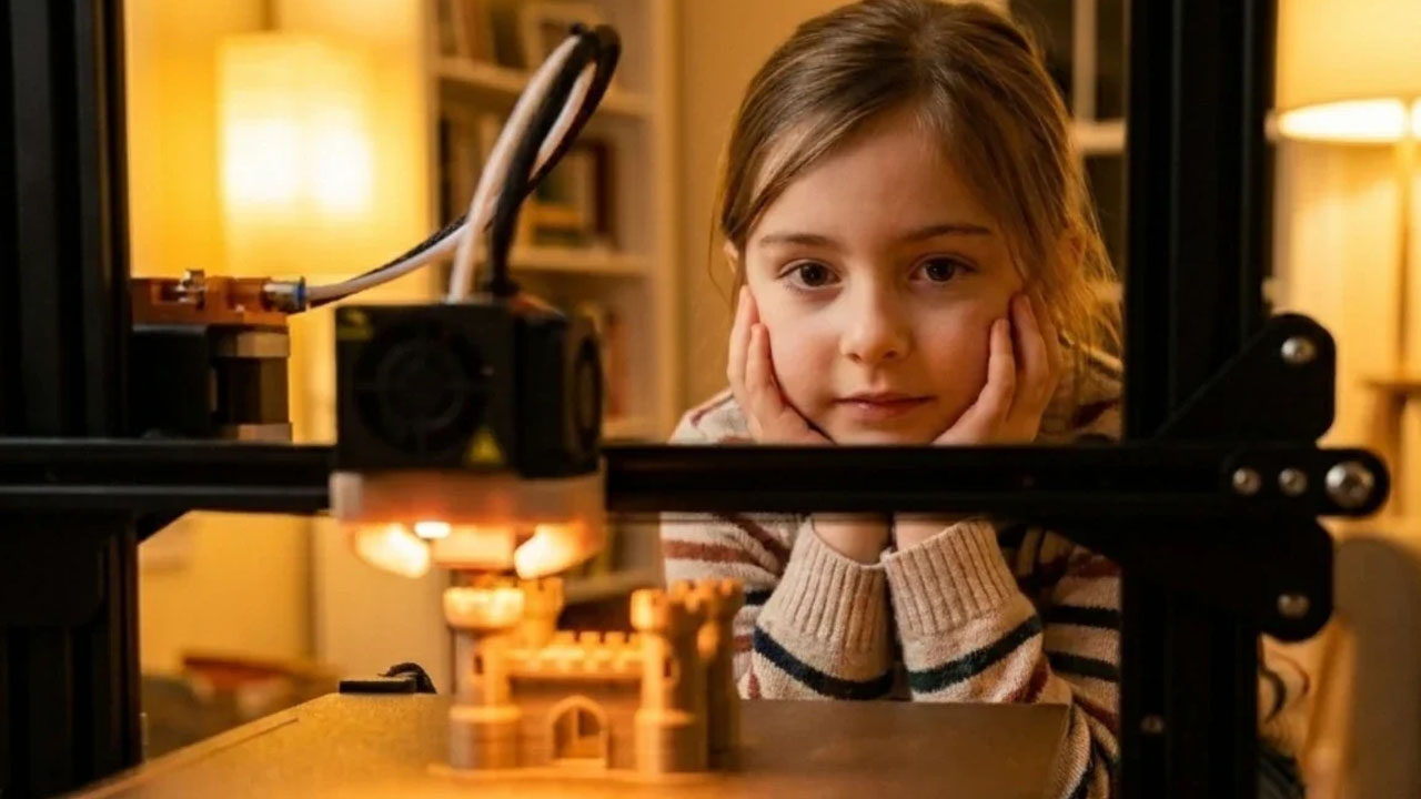 Image d'une petite fille attendant que son impression 3D d'un château se termine. 