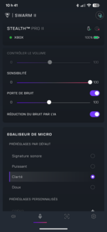 Capture d'écran de l'application Swarm II Turtle Beach pour la configuration du casque de jeu sans fil Stealth Pro II de Turtle Beach