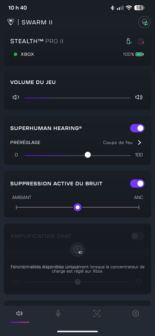 Capture d'écran de l'application Swarm II Turtle Beach pour la configuration du casque de jeu sans fil Stealth Pro II de Turtle Beach