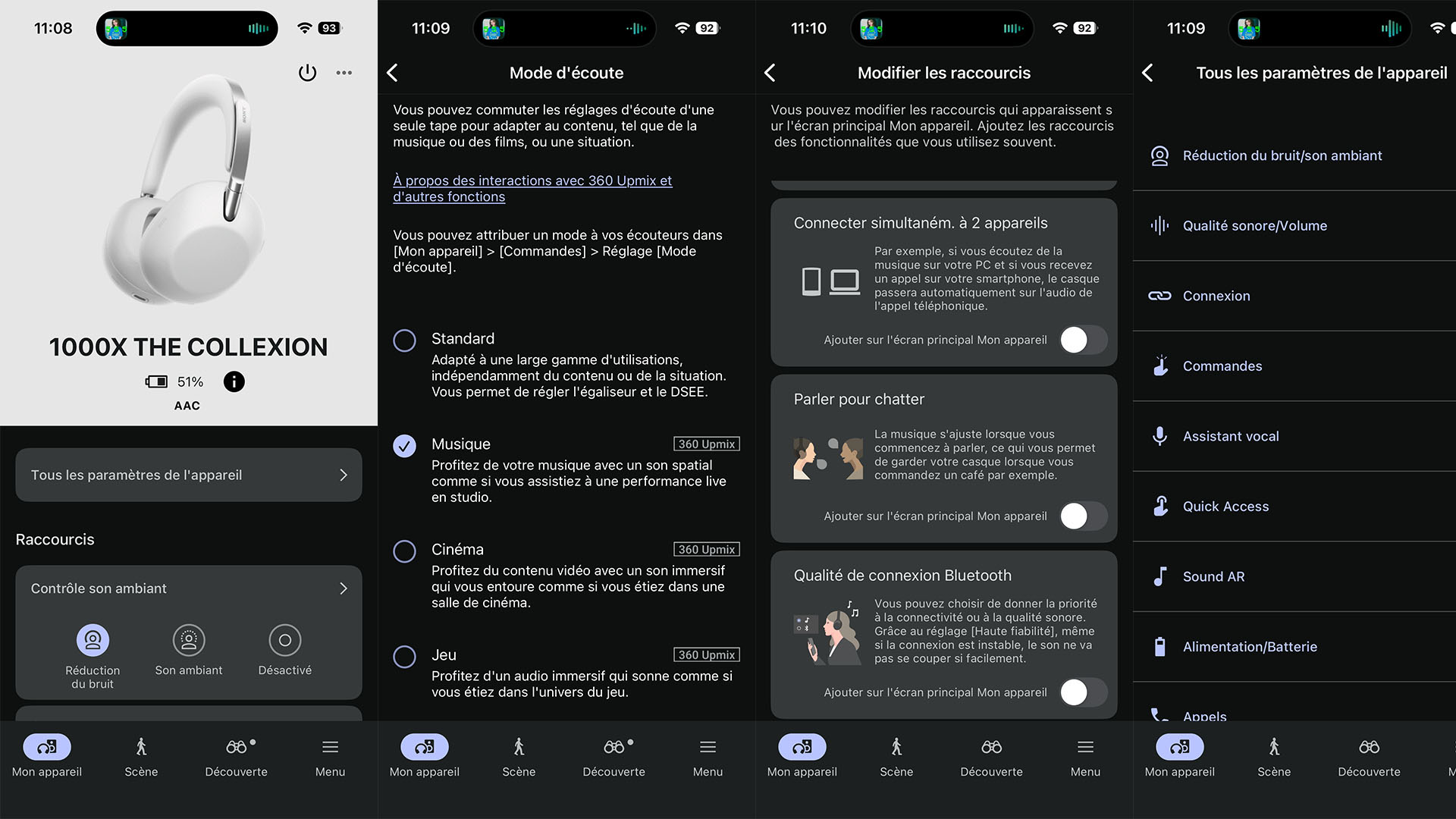 interface de l'application mobile Sony Sound Connect sur iOS pour le casque d'écoute 1000X THE COLLEXION