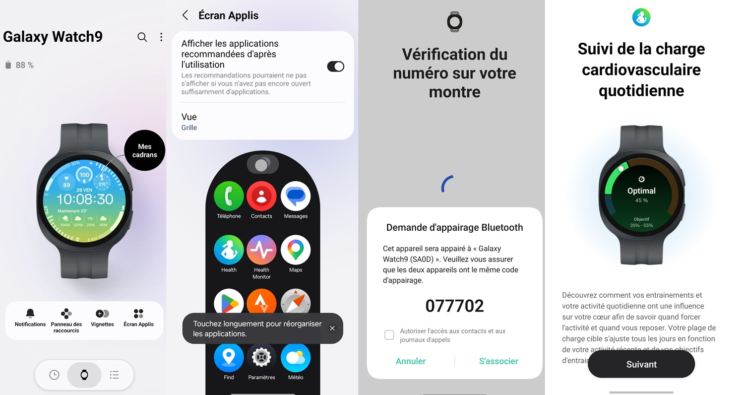 Écrans de configuration de la Samsung Galaxy Watch9 dans l’application Galaxy Wearable