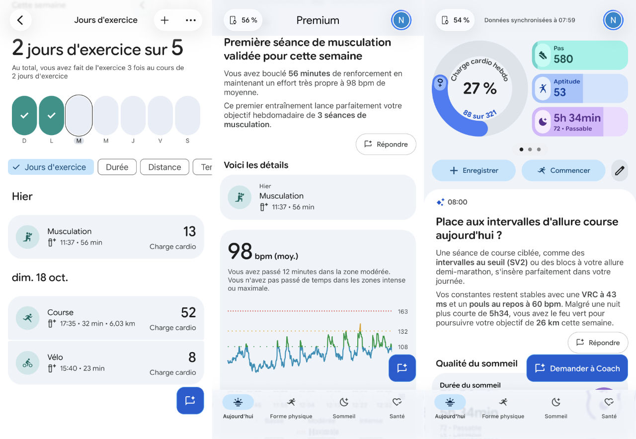Captures d'écran affichant les indicateurs offerts par le plan Google Health Premium